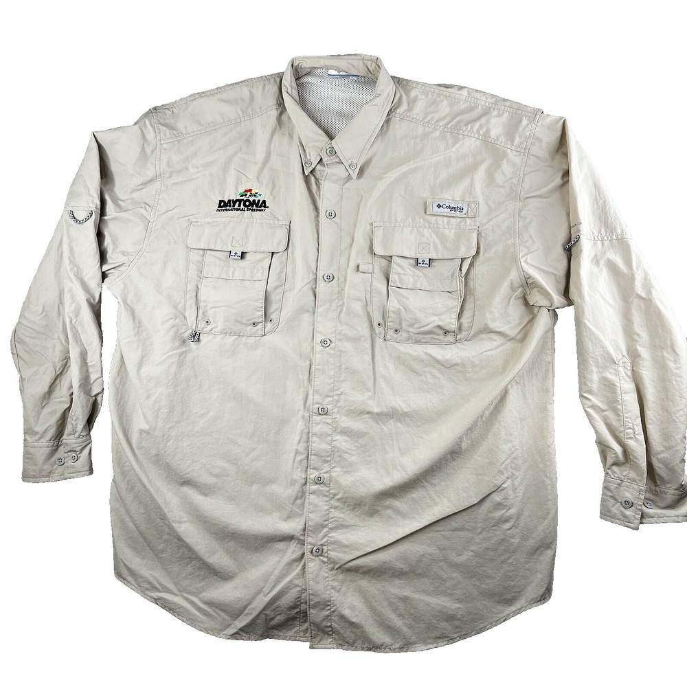 Columbia Mens DAYTONA SPEEDWAY Shirt XL Beige PFG Vented Fishing Long Sleeve